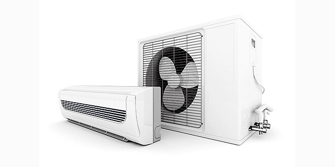 Split system air conditioner with a wall-mounted unit and outdoor compressor in a clean, white design.