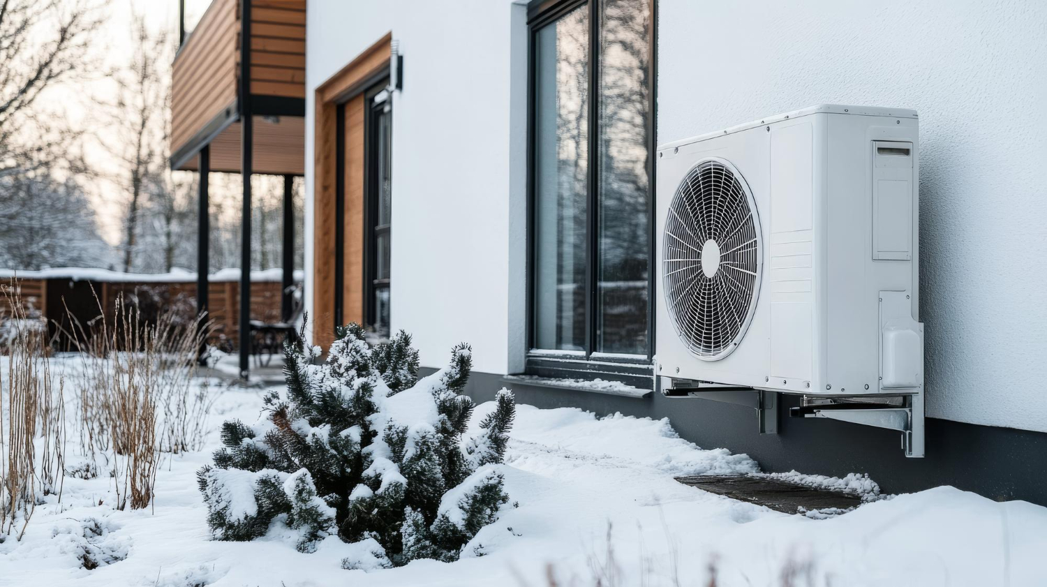 AC unit mounted on a snowy exterior wall of a modern house with large windows and wooden accents.