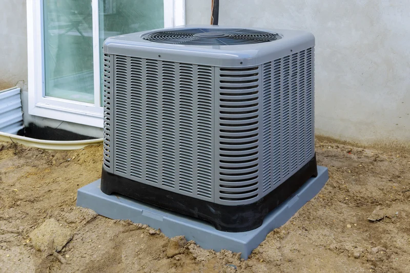 Outdoor air conditioning unit installed near a building wall on a concrete slab.