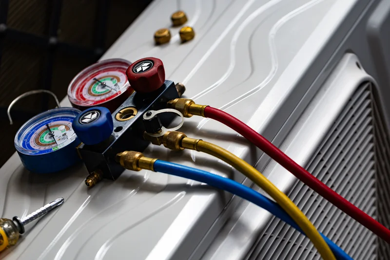 HVAC manifold gauge with red, blue, and yellow hoses on an air conditioning unit.