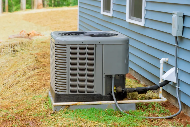 Outdoor air conditioning unit next to a blue house exterior.