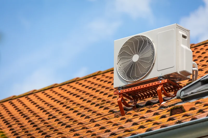 Air conditioning unit mounted on a red tile roof under a clear blue sky.