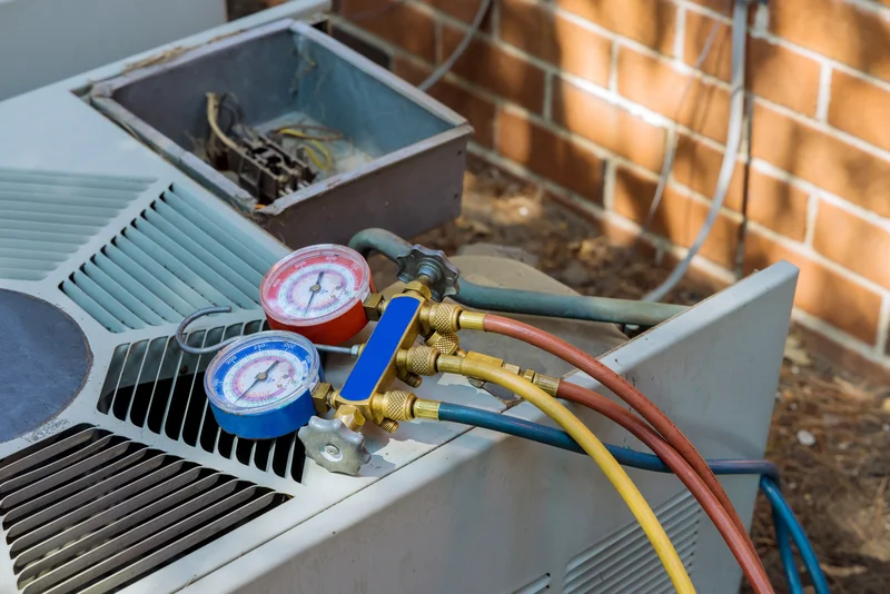 Air conditioning unit with attached pressure gauges and colored service hoses.