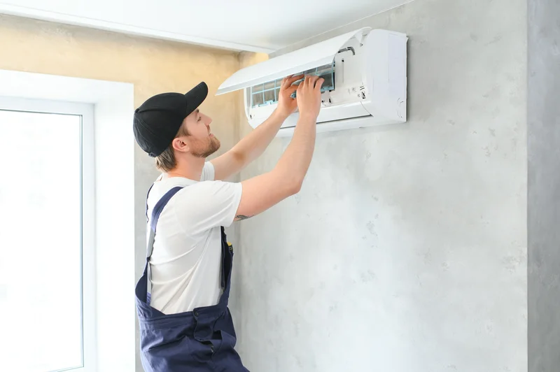 Technician in a cap and uniform fixing a wall-mounted air conditioning unit.