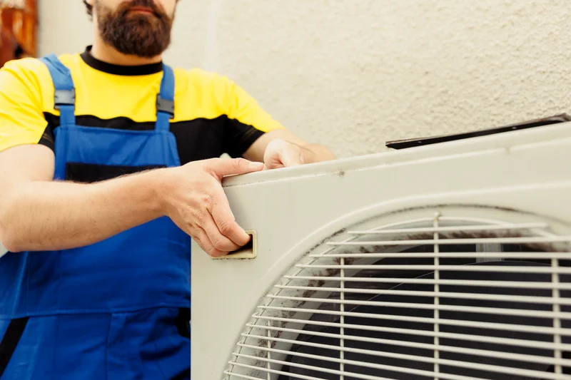 Technician in blue overalls installing an air conditioning unit.
