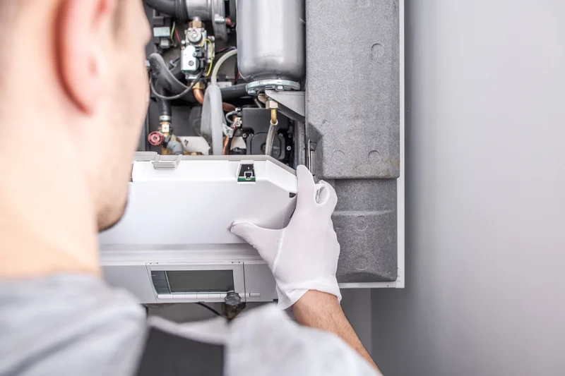 Technician wearing gloves servicing a HVAC unit.