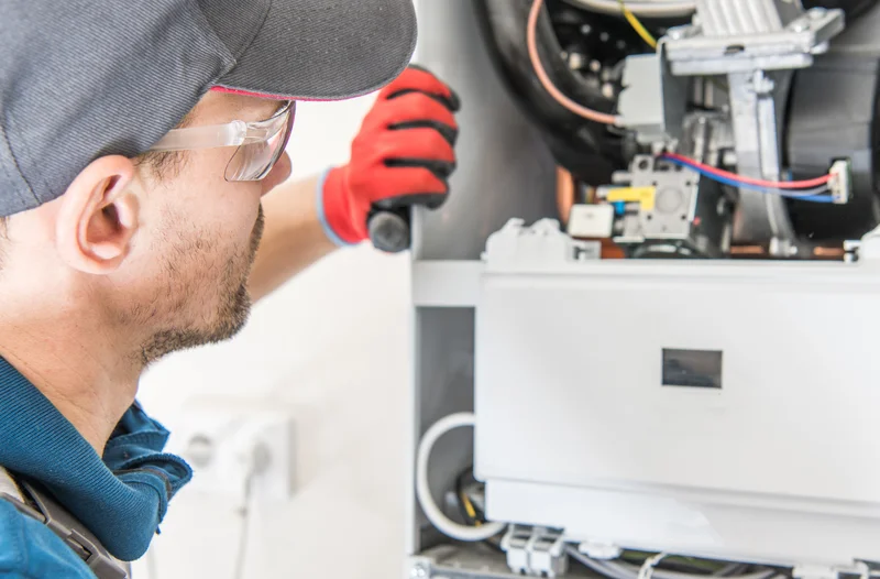Technician in red gloves inspecting a heating system unit.