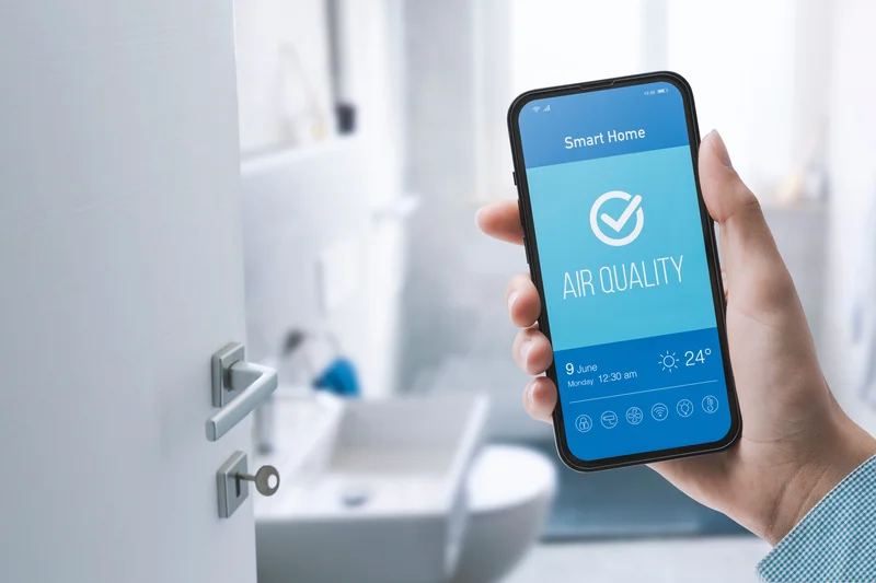 Hand holding a smartphone displaying a smart home air quality screen with a bathroom visible in the background.