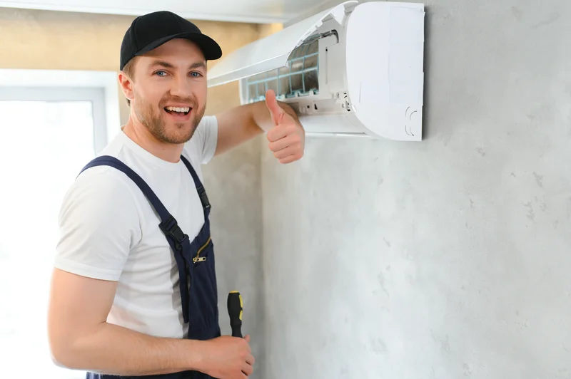 Technician in overalls giving a thumbs up while servicing a wall-mounted air conditioning unit.